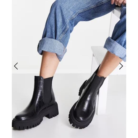 Schuh Womens Avelina Leather Chunky Chelsea Boots Size US 9 Black Croc Leather - Picture 1 of 15